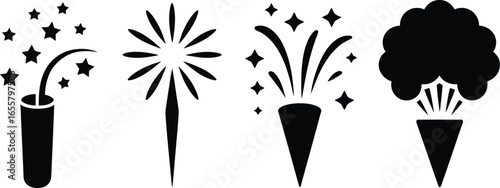 Festive fireworks celebration party icons bundle with a striking silhouette