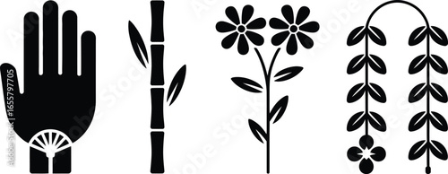 Elegant floral nature elements combined with symbolic hand gestures silhouette design