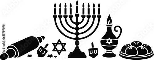 Festive hanukkah symbols including menorah dreidel and star of david silhouette