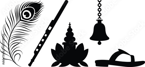 Hindu lord krishna symbol elements featuring divine flute and peacock feather silhouette