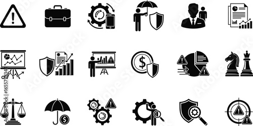 Business risk management icons, financial security symbols, insurance protection, corporate strategy, data analysis, investment planning, safety assurance, economic stability illustration