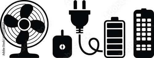 Home electronic devices power remote control button icons silhouette vector design