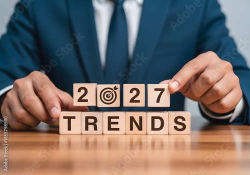 Man in suit arranging wooden blocks spelling trends and the year with target symbol for success
