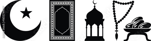 Collection of islamic prayer and fasting related symbols and icons in a silhouette style