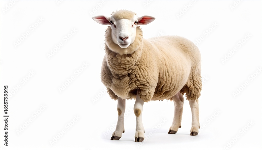 Obraz premium Sheep with thick woolly coat standing on a white background, ears pointed outward, realistic texture and posture,