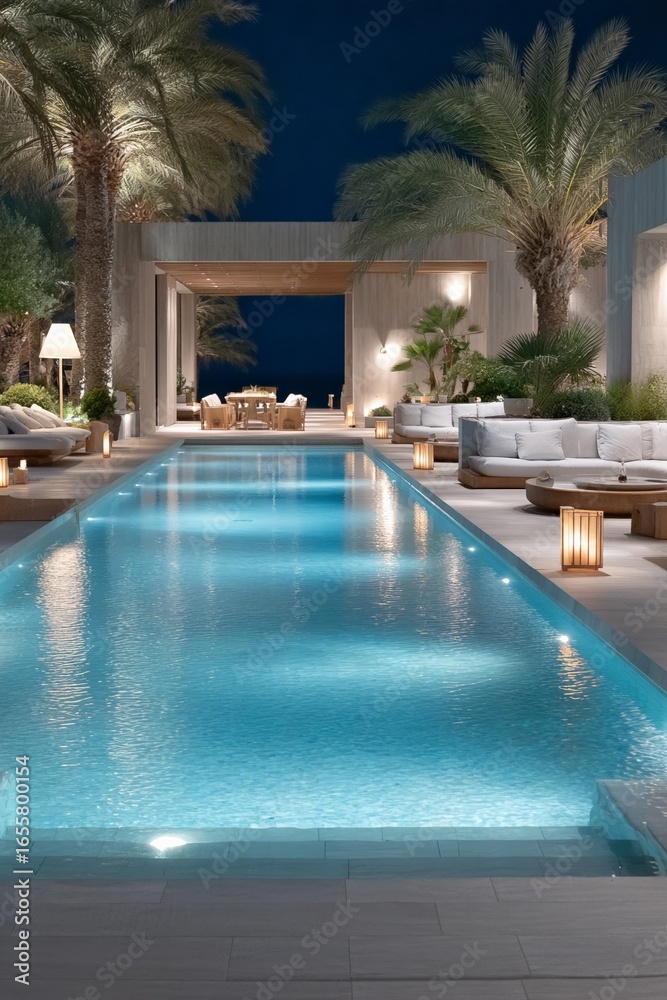 Fototapeta premium Luxurious modern villa with illuminated pool and palm trees at night