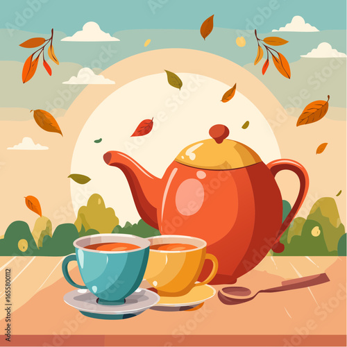Teapot, cups of hot tea and spoon with dry leaves
