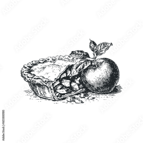 Traditional Apple Pie Slice with Whole Apple and Leaf