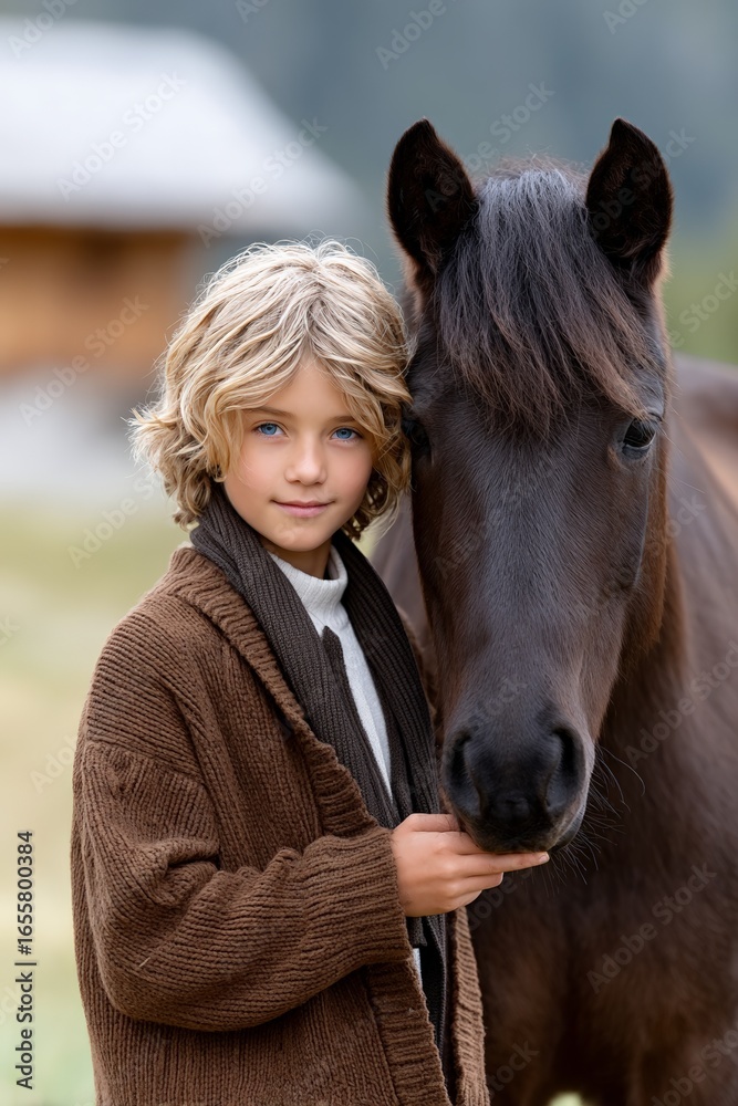 Fototapeta premium Blond caucasian child with brown horse outdoors