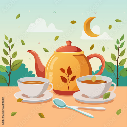 Teapot, cups of hot tea and spoon with dry leaves