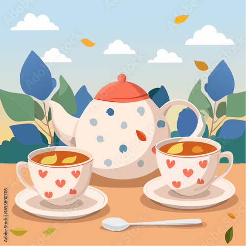Teapot, cups of hot tea and spoon with dry leaves