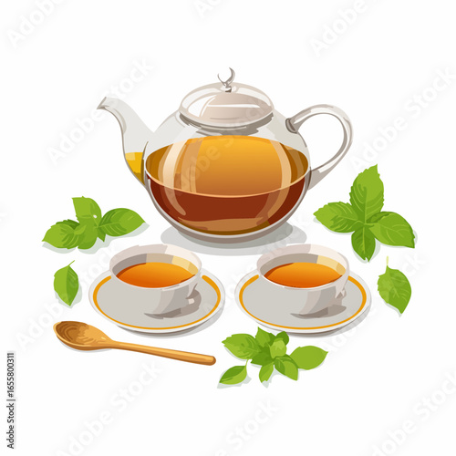 Teapot, cups of hot tea and spoon with dry leaves