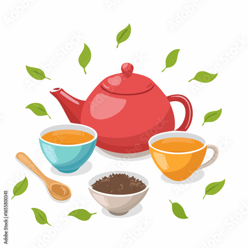 Teapot, cups of hot tea and spoon with dry leaves
