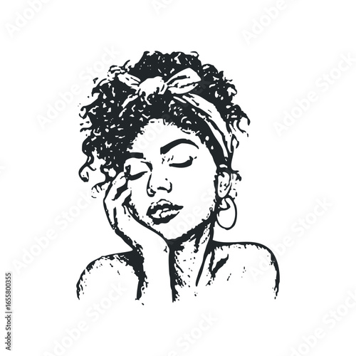 Black woman with curly hair resting her cheek on her hand with eyes closed