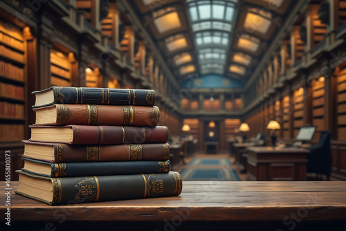 Stack of Leather Bound Books on Wooden Table in Library A Scholarly Still Life with Classic Literature and Knowledge
