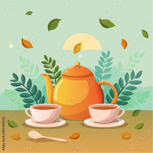 Teapot, cups of hot tea and spoon with dry leaves