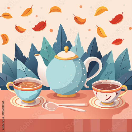 Teapot, cups of hot tea and spoon with dry leaves