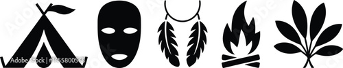 Collection of native american indigenous culture icons featuring traditional symbols and art styles silhouette