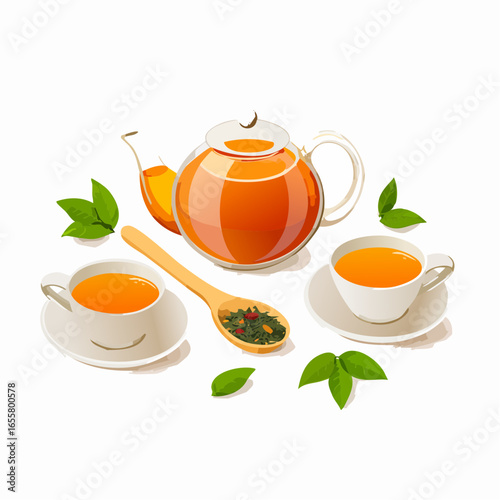 Teapot, cups of hot tea and spoon with dry leaves