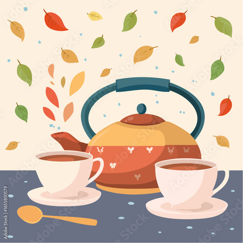 Teapot, cups of hot tea and spoon with dry leaves
