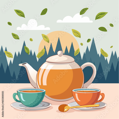 Teapot, cups of hot tea and spoon with dry leaves