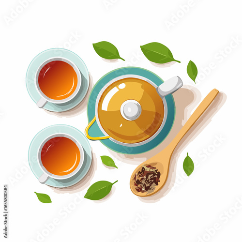 Teapot, cups of hot tea and spoon with dry leaves
