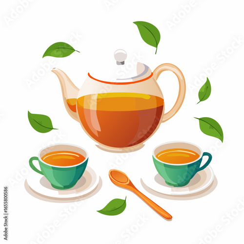 Teapot, cups of hot tea and spoon with dry leaves