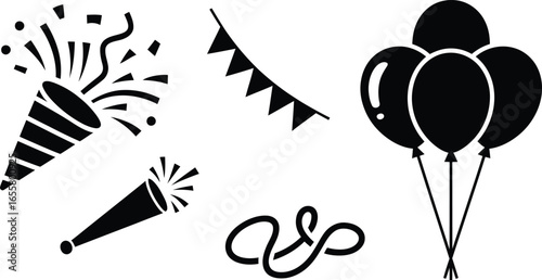 Collection of party items and celebration fun elements in silhouette style