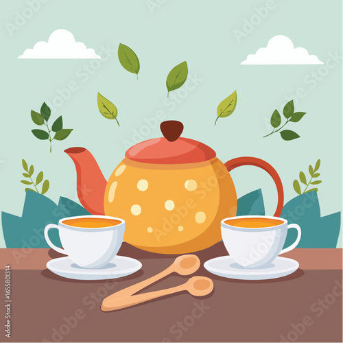 Teapot, cups of hot tea and spoon with dry leaves