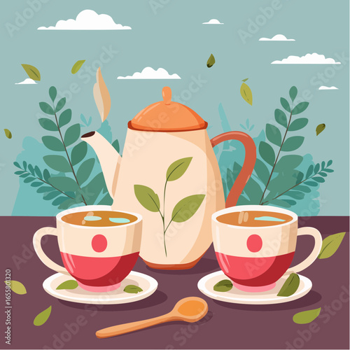 Teapot, cups of hot tea and spoon with dry leaves