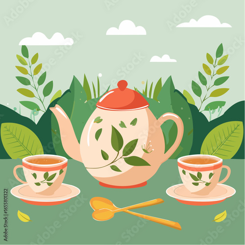 Teapot, cups of hot tea and spoon with dry leaves