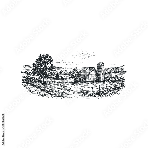Farmyard scene with barn, silo, tree, and chickens under a bright sun