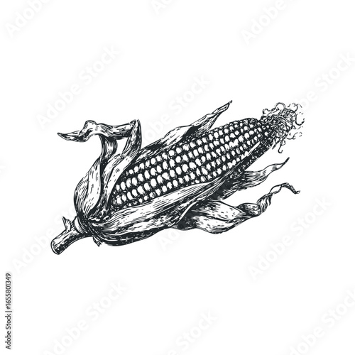Detailed Engraved Ear of Corn with Husk and Silks Isolated on White