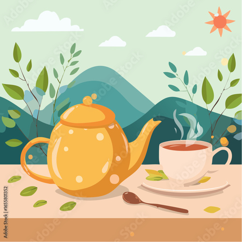 Teapot, cups of hot tea and spoon with dry leaves