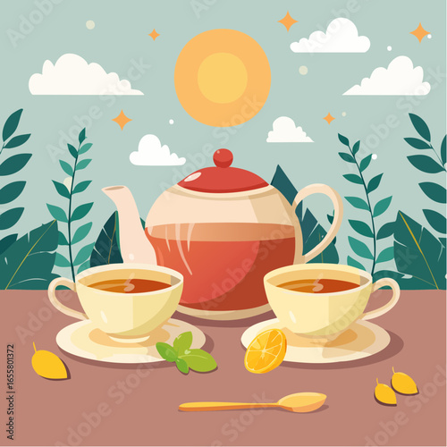 Teapot, cups of hot tea and spoon with dry leaves