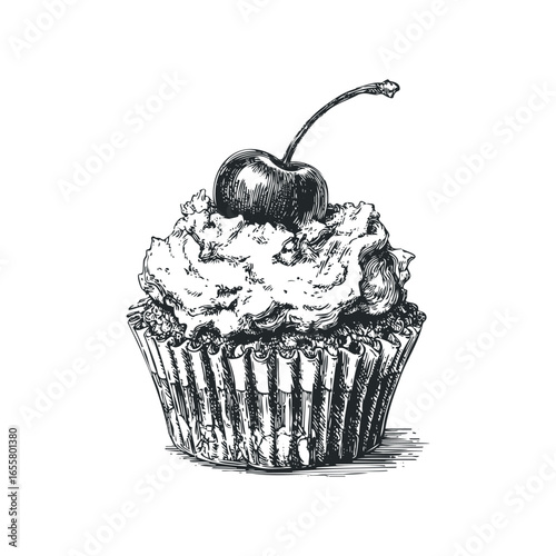 Detailed Ink Drawing of a Cupcake with Cherry Topping