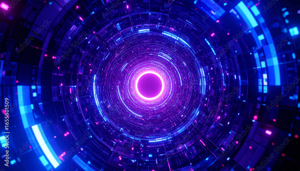 Fototapeta premium Digital Tunnel of Light: Immersed in a futuristic and abstract tunnel, a neon stream of electric blue and radiant pink lights weave, swirling together in a stunning display of technological artistry.