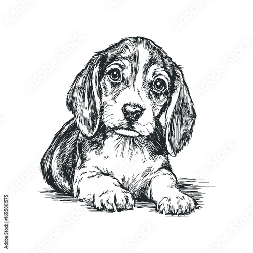 Sketch of a young beagle puppy lying down with expressive eyes