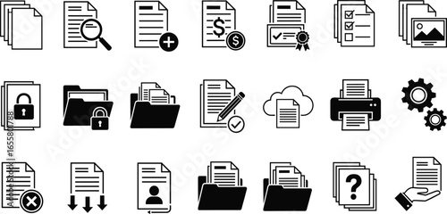 Document and file management icon set, folder storage, data security, cloud backup, printer, settings, business office files, digital archive illustration