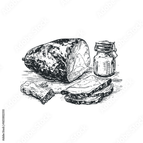 Drawn image of cured meat, salt jar, and bone on a wooden surface