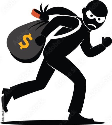 Masked robber carrying a bag of stolen items, simple black vector silhouette.