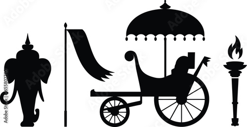 Collection of southeast asian cultural items depicted in a striking silhouette style