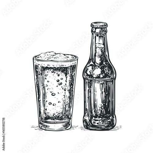 Ink sketch of a foamy beer in a tall glass next to a closed bottle