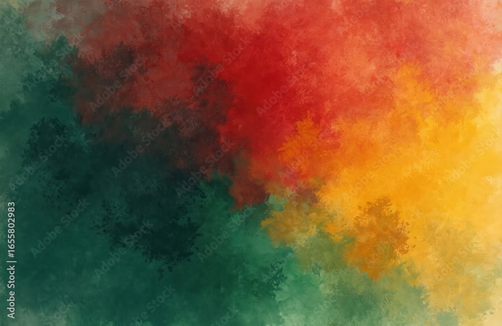 Fototapeta premium Vibrant watercolor strokes in red, orange, yellow, green blend abstractly. Background evokes themes of Juneteenth, Black History Month, African culture with pan-African color palette, artistic paint