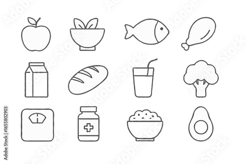 Vector Nutrition & Diet icons set | Includes apple, salad bowl, fish, chicken breast, milk carton, bread loaf, smoothie glass, broccoli, measuring scale, vitamin bottle, grain bowl, and avocado