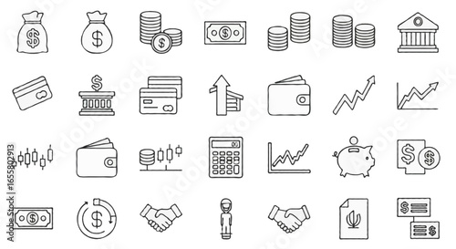 Vector finance and money icons set | including coins, wallet, bank, ATM, credit card, investment chart, piggy bank, dollar sign, safe box, online payment, and cryptocurrency symbols