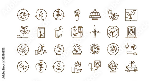 Vector Sustainability & Eco-friendly icons set | Includes recycling bin, reusable bag, solar panel, wind turbine, electric car, eco house, water droplet, compost bin, green leaf, globe, plant sprout
