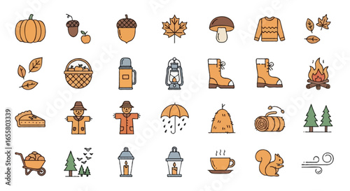 Vector Fall icons set | Include pumpkin, acorn, maple leaf, mushroom, warm sweater, falling leaves, basket of apples, lantern, corn cob, thermos, boots, campfire, scarecrow, pie slice, raincoat
