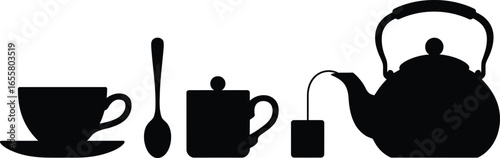 Collection of tea and coffee time themed icons featuring a silhouette style