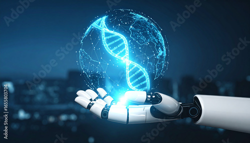 Artificial Hand Holding DNA Structure: An innovative robotic hand delicately cradles a radiant DNA helix, signifying a fusion of science, technology, and the essence of life